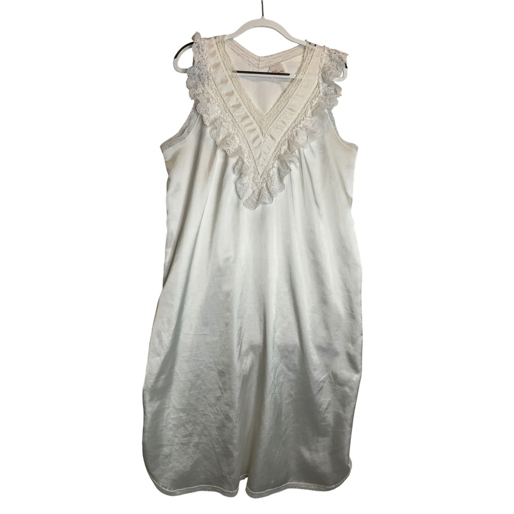 Vtg Elise Stevens White Satin‎ Lace Long Nightgown Bridal Cottagecore Bridal L